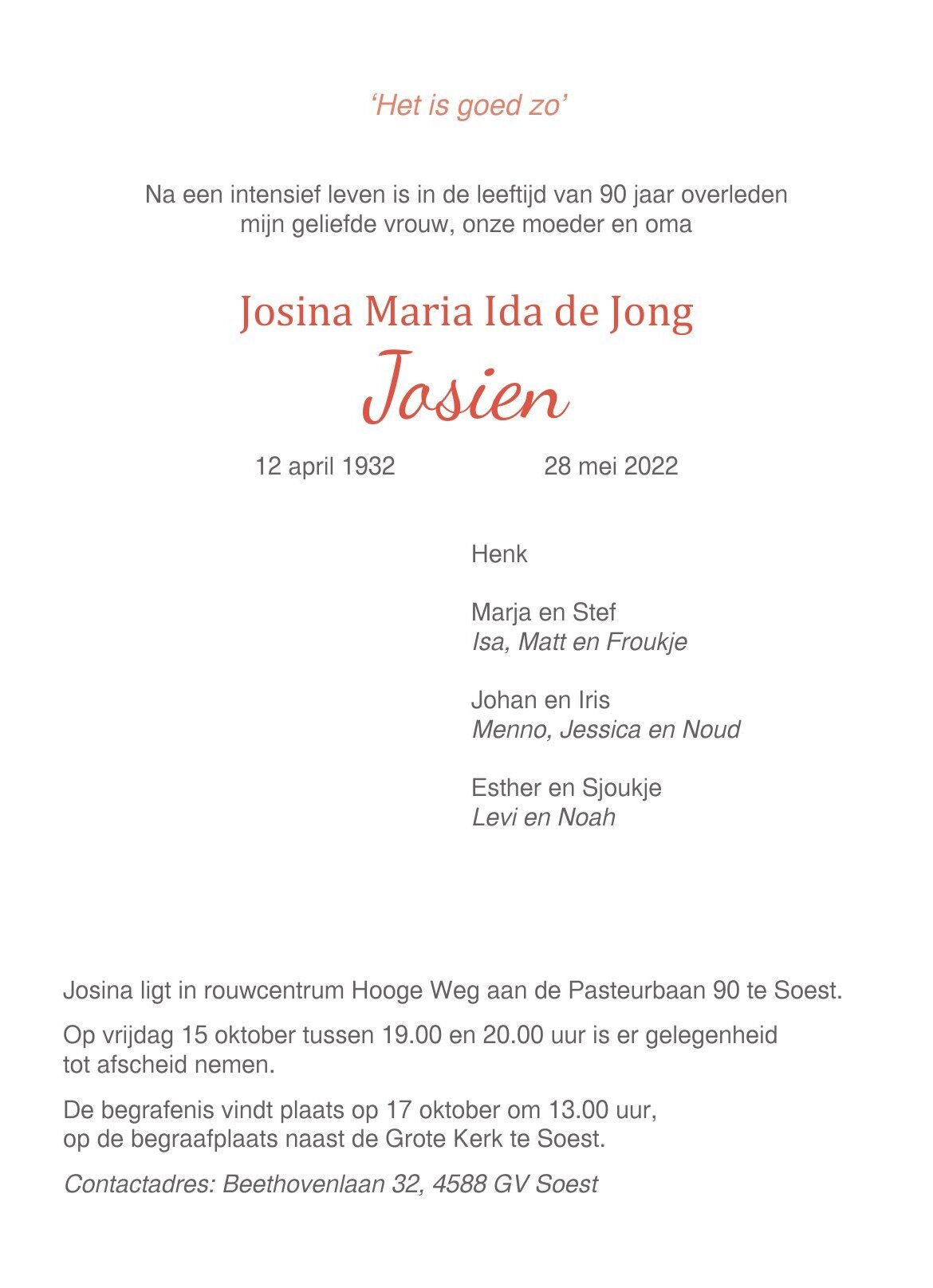 Binnenzijde rouwkaart Josien — overlijdensbericht